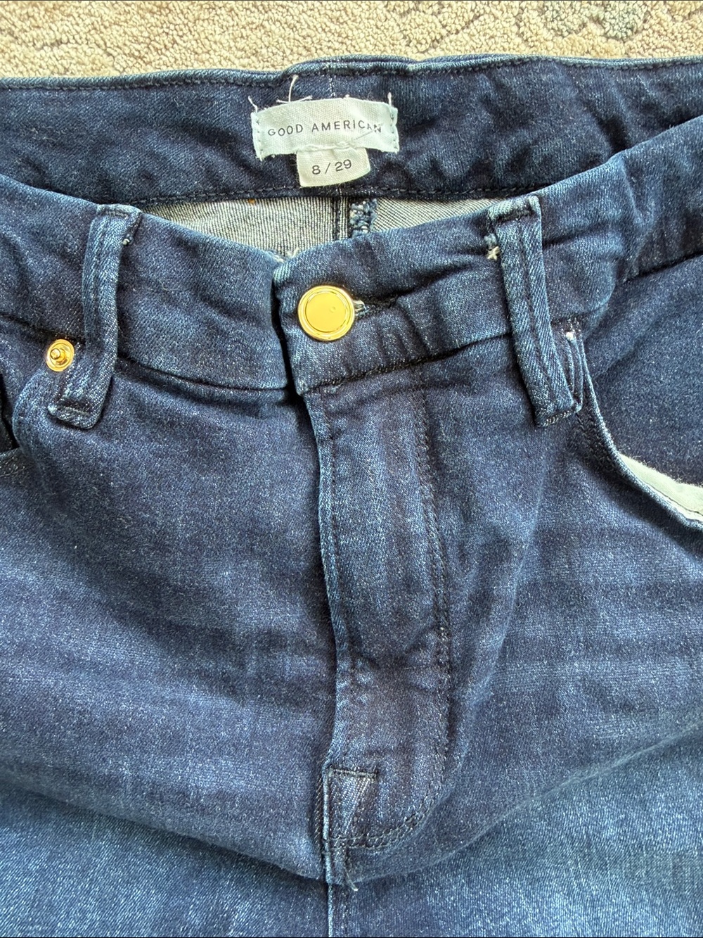 Good American Slim Straight Jeans in Deep Indigo with Gold Hardware